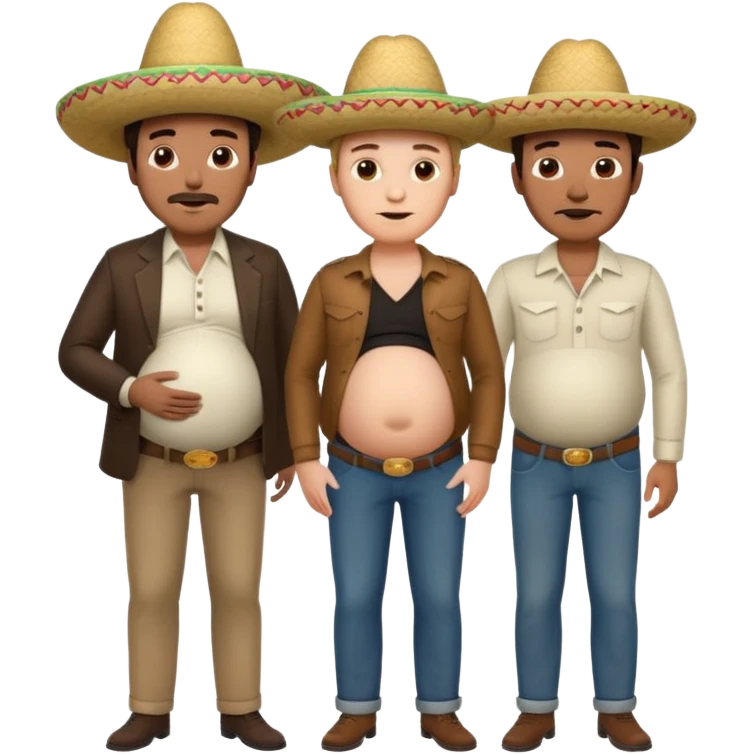 two men standing besides each other. 1 man is white and not pregnant, and the other man is mexican wearing a sombrero and pregnant, holding his belly.  emoji