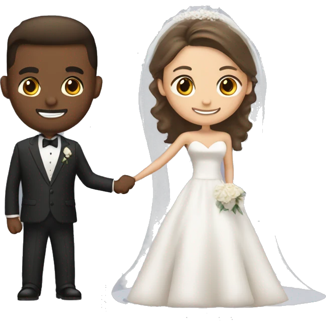 bride with long dark brown in off the shoulder dress and groom with light brown hair in dark suit emoji
