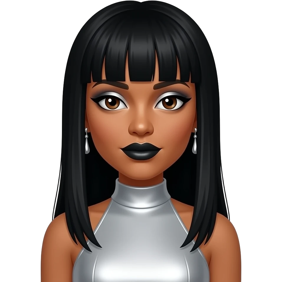 LeToya Luckett from Destiny's Child with dark brown eyes, long black fringe hair, silver eyeshadow, black lipstick, silver high neck dress, silver earrings emoji