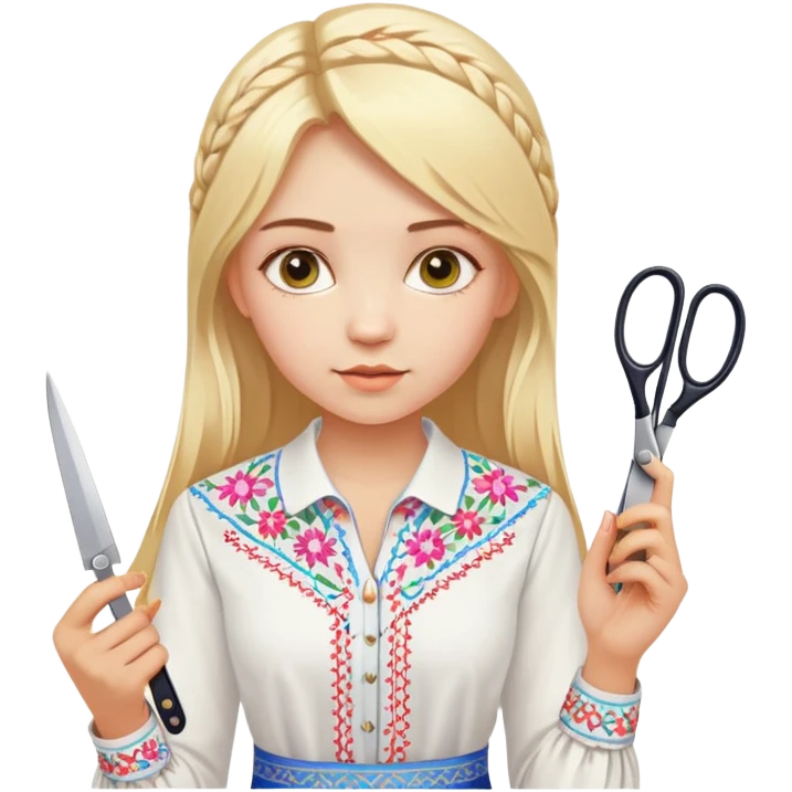 Ukrainian young girl with blonde hair in a white traditional embroidered shirt (vyshyvanka) holding scissors in one hand and colorful paper in the other hand emoji