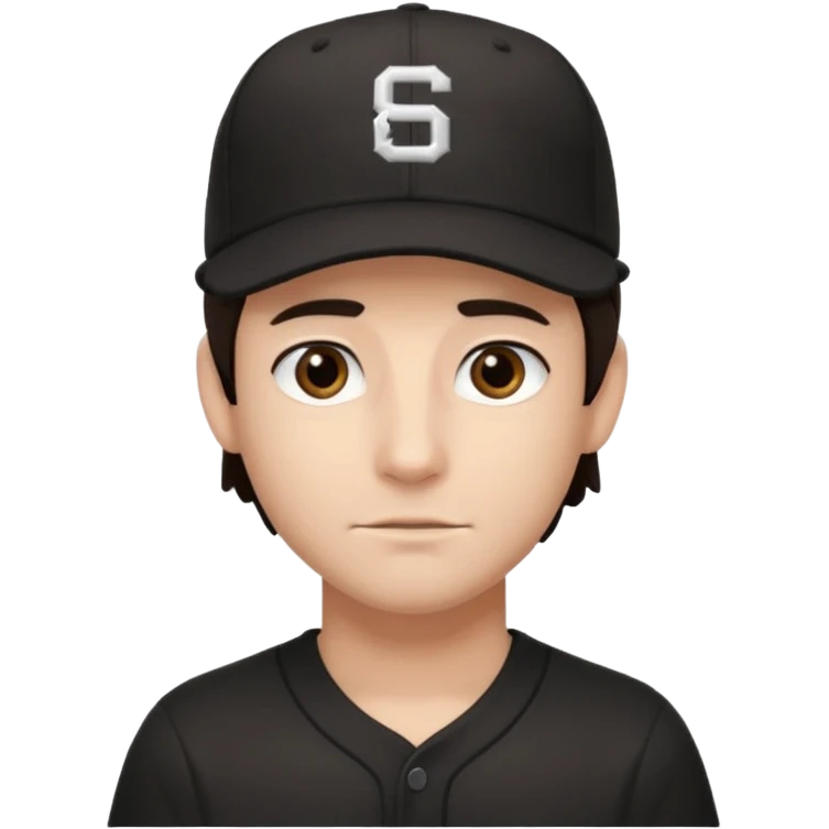 male, dark brown hair, dark brown eyes, fair skin, black baseball hat, no smile emoji