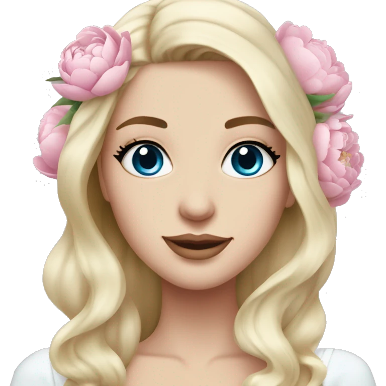 White bride with long light blonde hair and blue eyes with light pink peonies in hair white skin  emoji