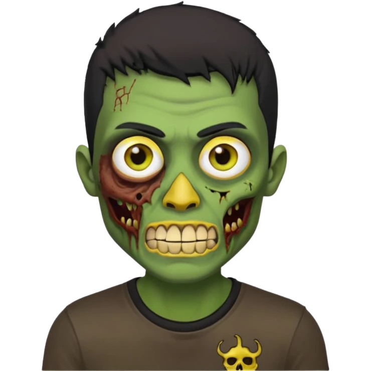 I want you to give me a zombie man and his skin its green who has golden teeth, yellow eyes, eyebrows and black hair, the hair I want to be a medium modcut cut and is wearing a brown affliction T-shirt and the style being like a memoji from iphone emoji