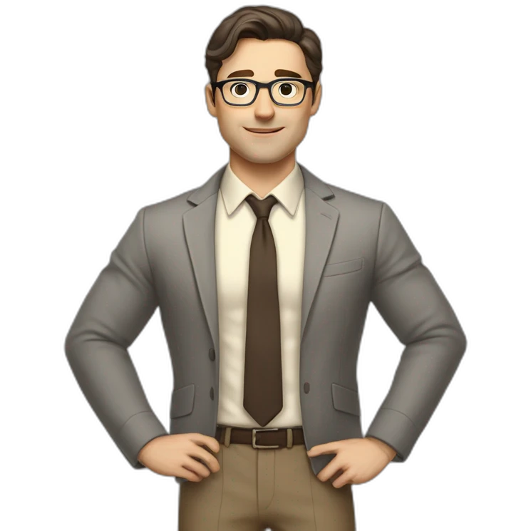 Full height Actively gesturing with hands Pale skinned fit man with dark brown hair in gray jacket, beige office shirt, brown tie, brown pants and vintage glasses. emoji