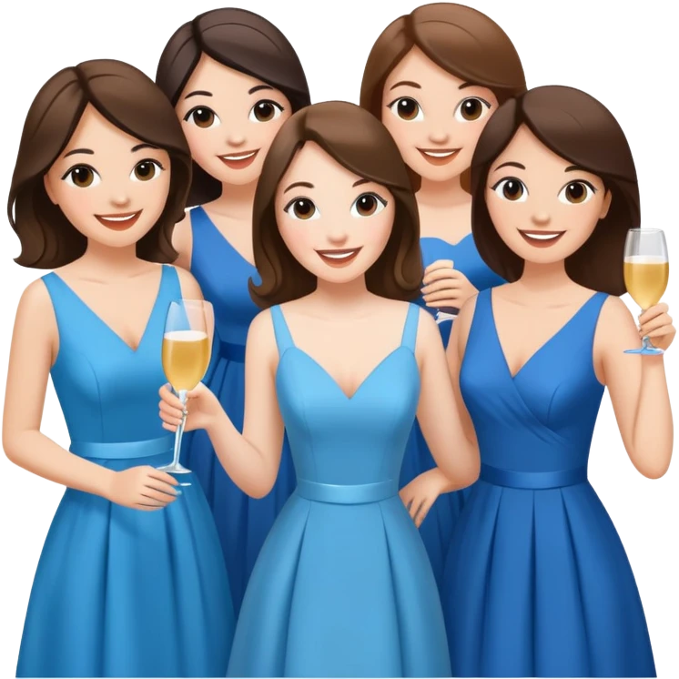 7 white girl friends all with brunette hair, bridesmaids, wearing diferente scooters with diferentes shared of blue partying emoji