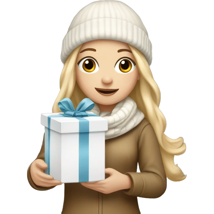 Dirty blonde white girl holding a white gift with a gold ribbon wearing a white and tan beanie and scarf emoji