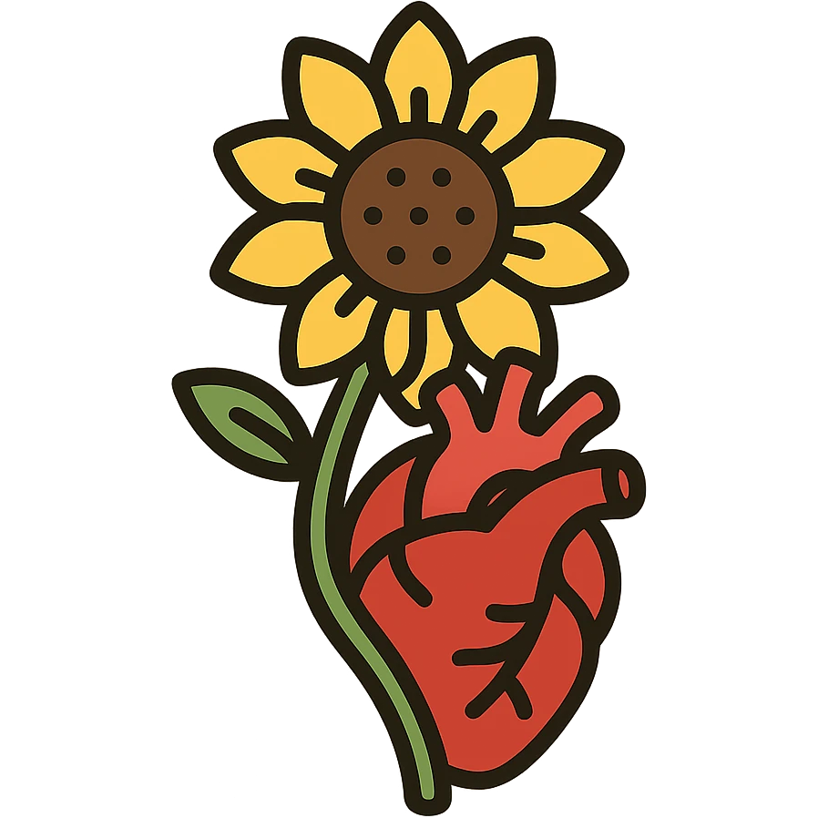 a stylized sunflower entwined with a human heart, bold colors, graphic style emoji