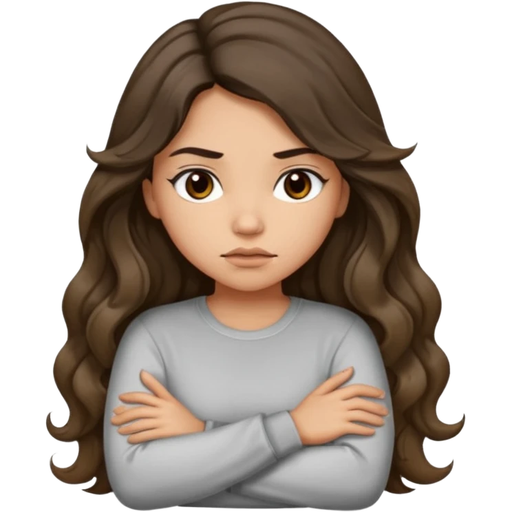 Hispanic light tan girl with long dark wavy hair with arms folded while pouting. Wearing a long sleeve. Hair with middle part. emoji