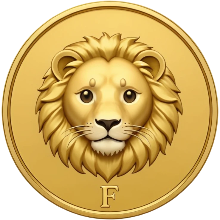 Pièce d’or ronde vue de face, lettre F gravée au centre, tête de lion fine et discrète en arrière‑plan, style emoji simple. emoji