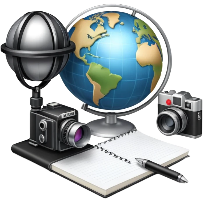An icon showing a microphone, a notepad, and a camera, symbolizing journalism. The design includes a globe in the background, representing global news, and a breaking news banner for emphasis. Transparent background highlights the dynamic world of media and reporting. emoji