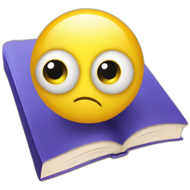 yellow glossy round emoji with big eyes holding book emoji