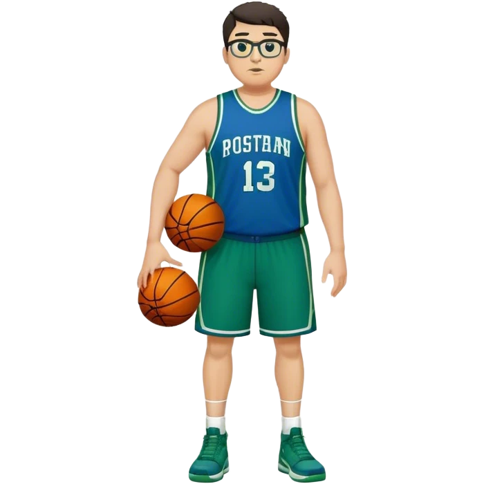 Full Body plus size tall white male with dark short hair basketball player wearing glasses wearing blue green uniform emoji