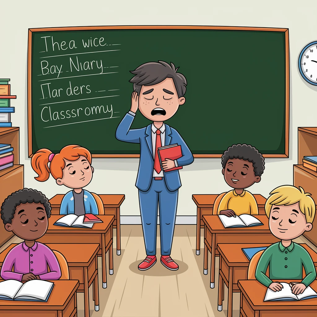 exhausted teacher in a bustling classroom emoji