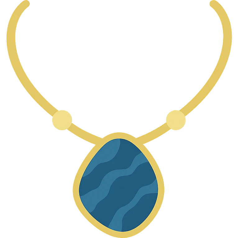 gold chain necklace with a deep blue marbled stone, organic shape, metallic bead accents, elegant and earthy emoji