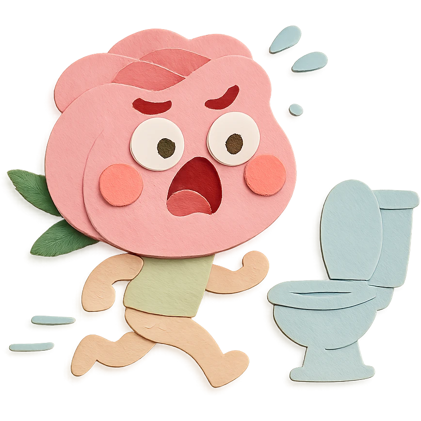 soft pink rose flower with puffed cheeks making a panicked toilet run, eyes bulging, legs dashing, pastel tones, chibi round shape, paper-craft style emoji