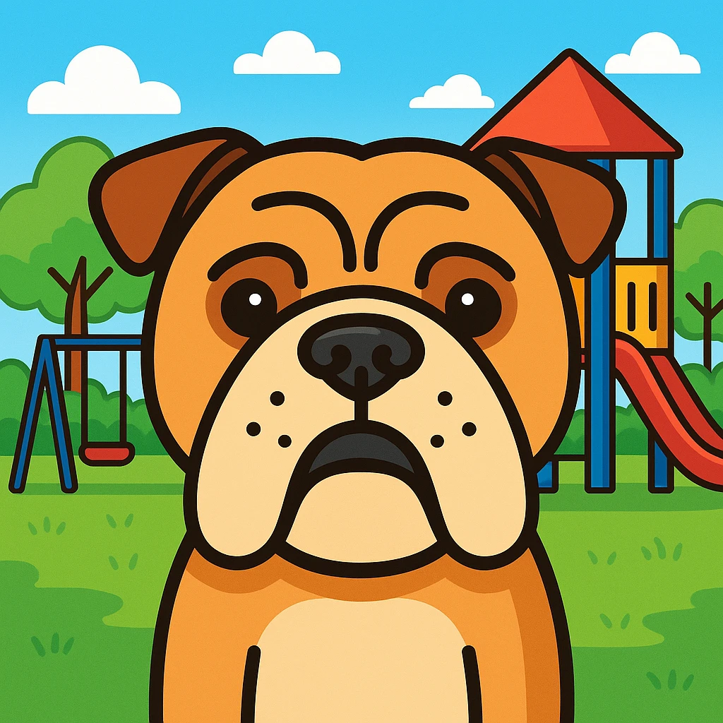 Add a playful background, such as a park or colorful playground, to the English bulldog head icon in color outline style. emoji