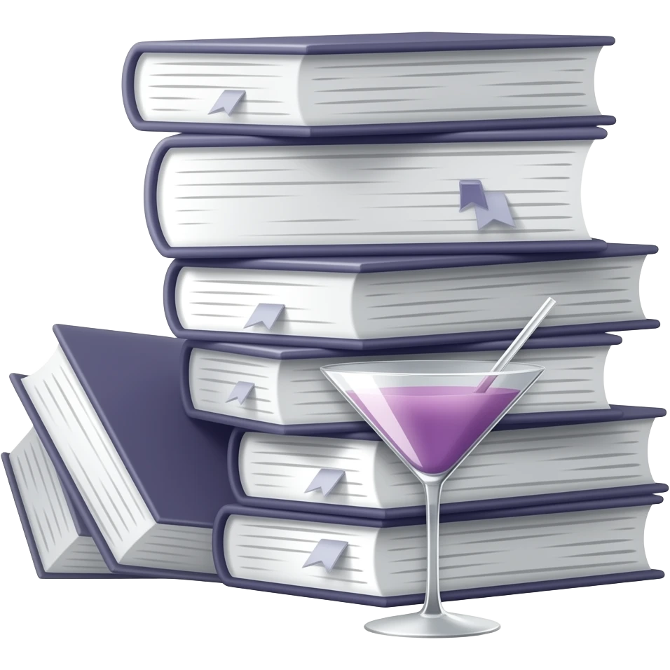 The Library: 3D emoji style, glossy surface, soft shadows, white background, centered, no text, stack of booksfalling over with martini, deep purple tones, emoji