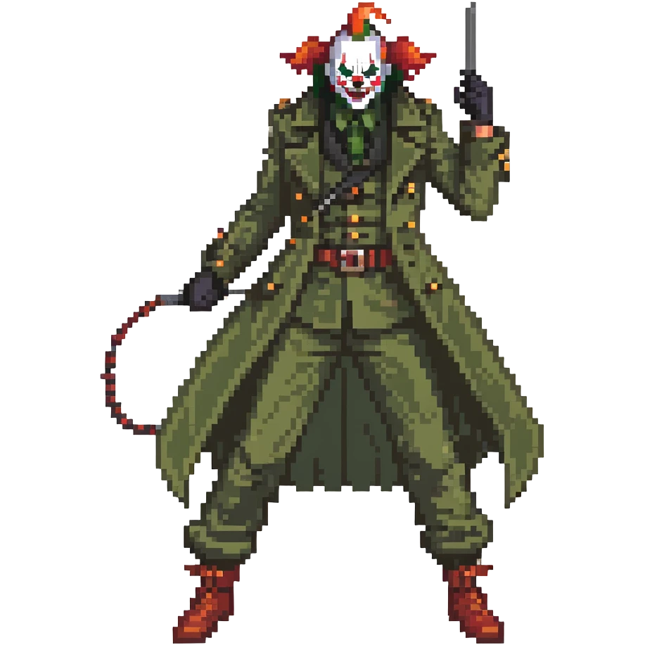 evil clown soldier, bald, small black horns on forehead, fangs, pointed ears, eye patch over one eye, long coat over black and military green clothes with bellbottom pants, tail, holding a whip, no knife, realistically proportioned, less bulky, full body, fighting stance emoji