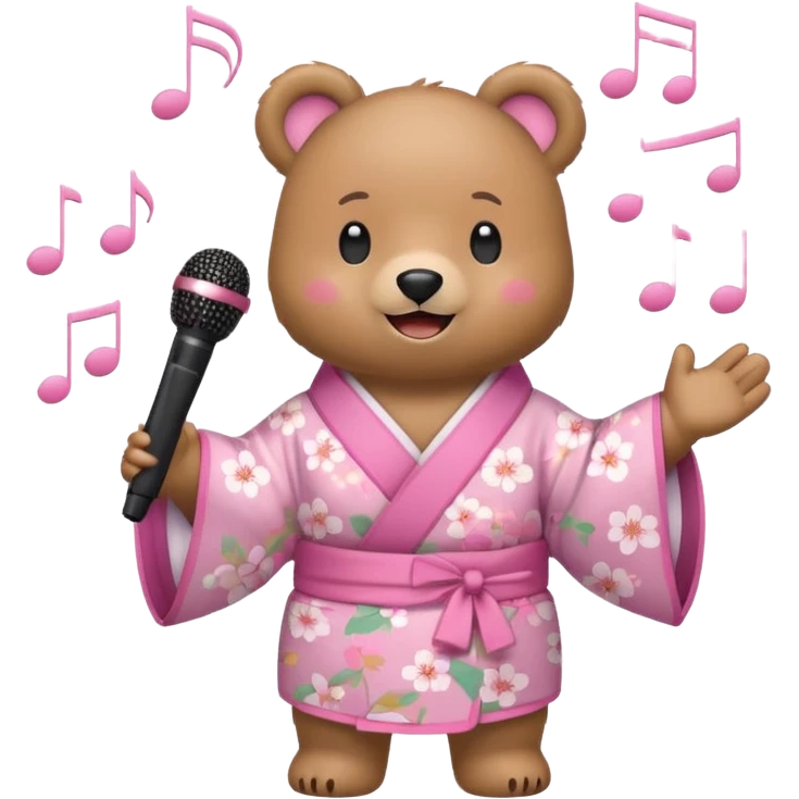A cute light-brown bear wearing a pastel pink sakura-patterned kimono, normal balanced body ratio.  
Holding a microphone and singing happily, music notes floating around and a bright joyful smile.  
Kawaii emoji style, minimalistic clean sticker illustration, white background. emoji