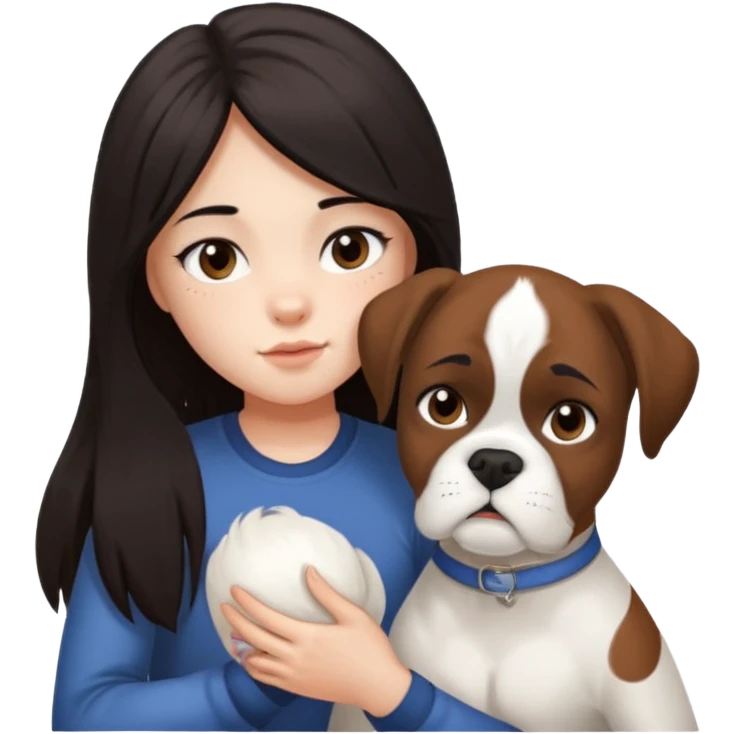 Girl with dark long hair loving on white boxer emoji