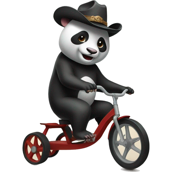 A mix between a panda and a rat wearing a cowboy hat and riding a tricycle emoji