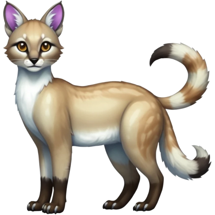 iridescent white divine exotic cute cool beautiful shiny beautiful fantasy-caracal-civet-genet-sergal-vernid-Cacomistle-oncilla-animal-Fakémon-hybrid-fursona (full body) emoji