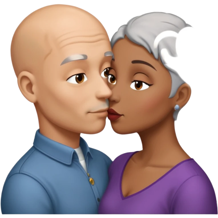 Bald man kissing brown  woman with   grey hair emoji