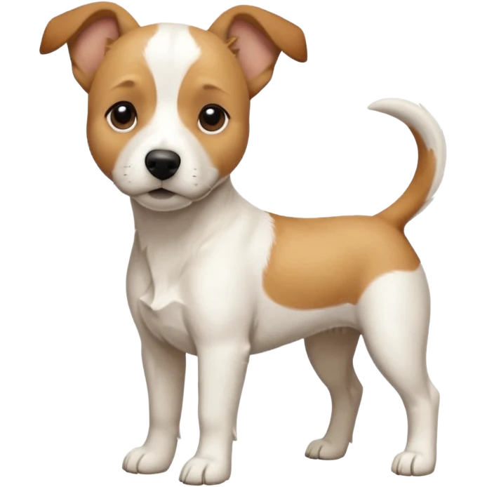 a full body facing front on of a buff white beagle cross jack russell terrier looking dog the size of a kelpie with light brown long ears resting on its face and a light brown patch above one eye and a large snout. the rest of the dog is completely white.  emoji