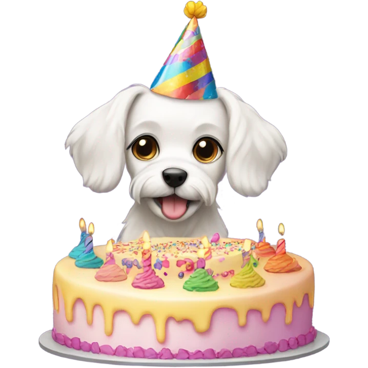 White male small dog wearing birthday hat with a cake  emoji