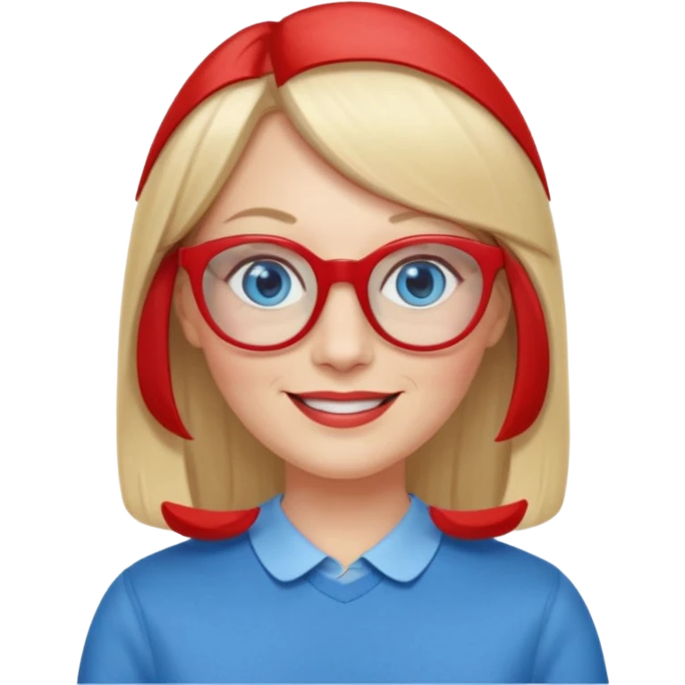 45 yr old white woman, pale skin, long straight blond hair parted in center, blue eyes, bangs, clothes for school, big red glasses, oval face emoji