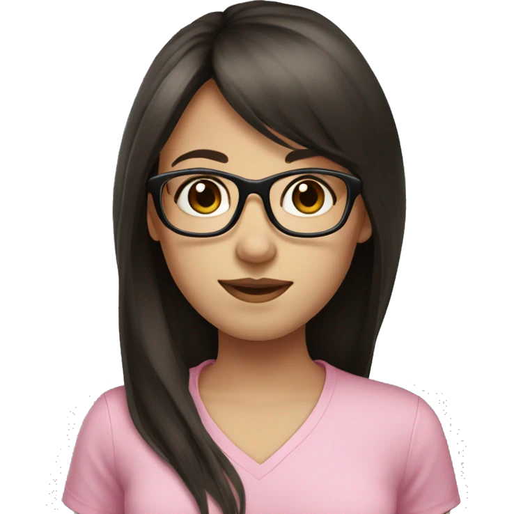 Girl with long dark brown hair and bangs and black glasses pale skin pink shirt emoji