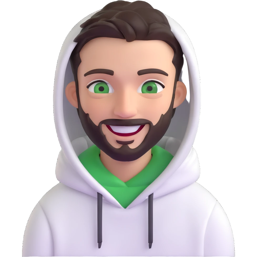 laughing guy with white hoodie, green eyes, dark brown undercut hairstyle and a short full beard emoji