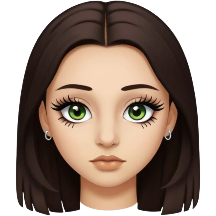 Y2k style Girl with: long, straight dark brown hair, green/ hazel eyes, nostril and septum piercing, fake eyelashes and eyeliner emoji