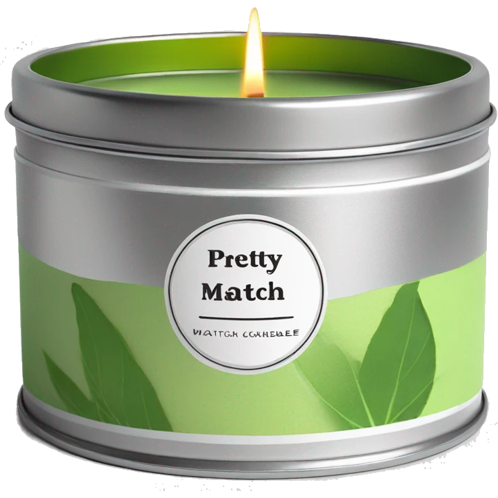 small pretty matcha scented candle in silver tin with label realistic emoji