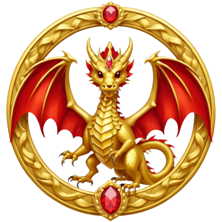 Golden Dragon with golden wings golden crest/brosch in a golden circle with red gems emoji