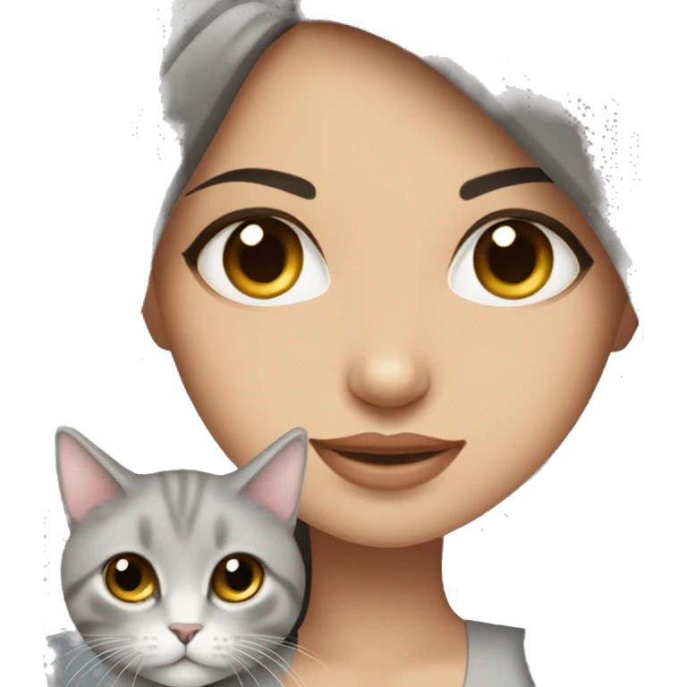 Beautiful skinny woman long dark brown hair in dress hug Siberian grey cat emoji