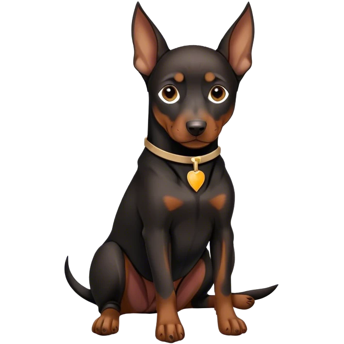 Black Miniature Doberman with cropped ears, sitting in a brown martini emoji