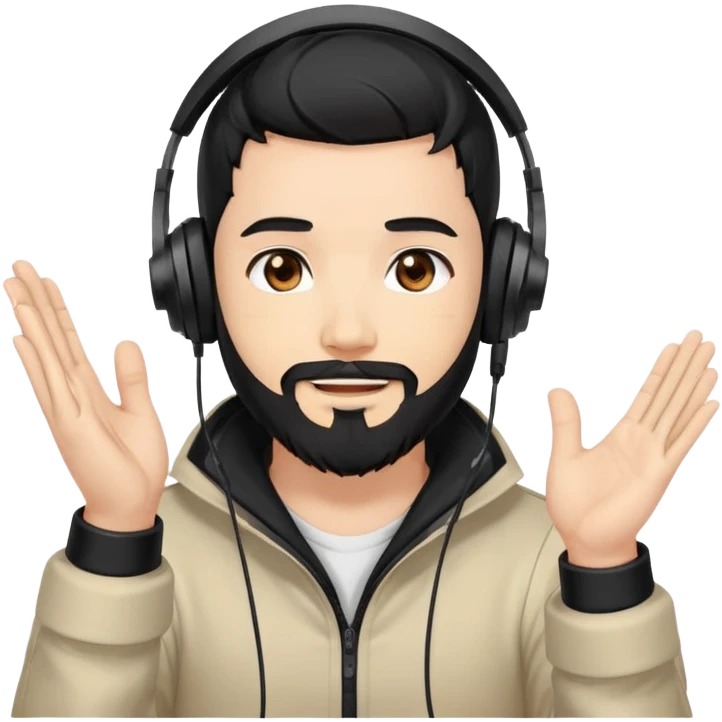 Anime style man with black hair, brown eyes, and black beard wearing gaming headset and applauding, anime art style emoji