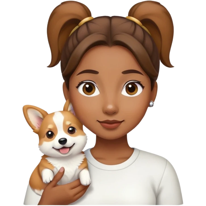 The girl with brown ponytail hair  holding a white corgi emoji