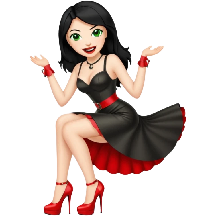 🕵🏻‍♀️💦🧥 black hair , green eyes , red high heels , dominatrix dress , laughing  emoji