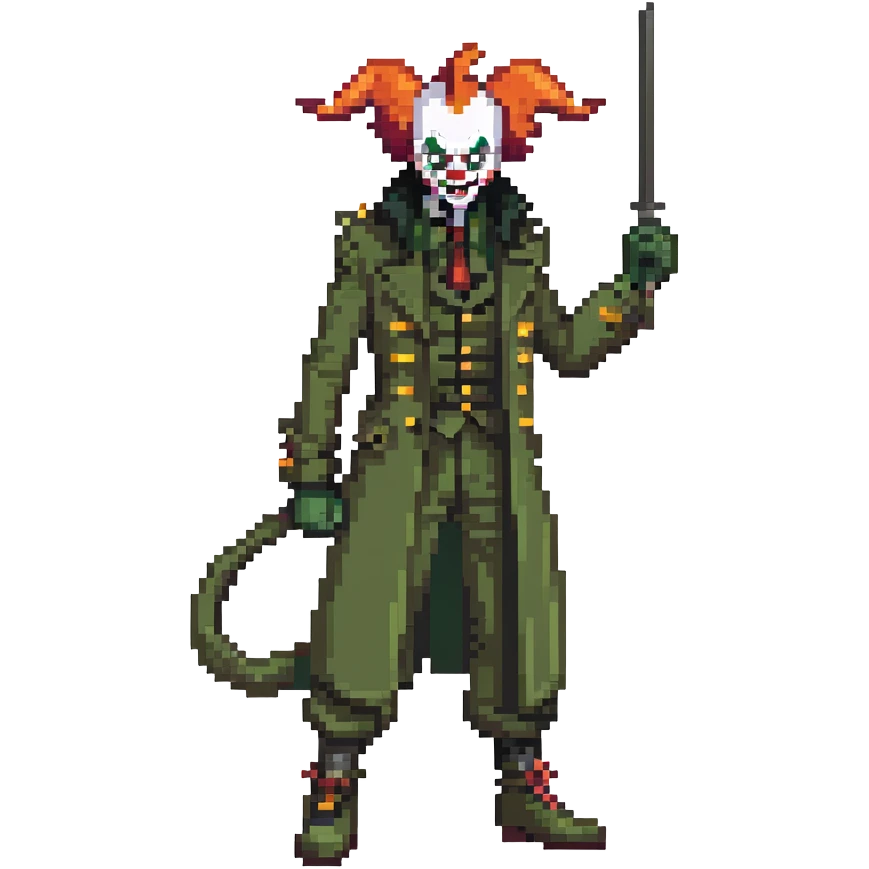 evil clown soldier, bald, small black horns on forehead, fangs, pointed ears, eye patch over one eye, long coat over black and military green clothes with bellbottom pants, tail, holding a different style of whip, realistically proportioned, less bulky, full body, fighting stance emoji