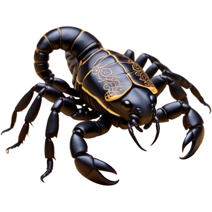 Cinematic Cute Emperor Scorpion Portrait Emoji, Head tilted playfully and inquisitively, with a compact, rugged build and a sleek, dark exoskeleton highlighted by delicate, intricate patterns and round, sparkling eyes full of curious defiance, Simplified yet irresistibly adorable features, highly detailed, glowing with a warm, friendly glow, high shine, affectionate and quirky, stylized with a touch of desert whimsy, soft glowing outline, capturing the essence of a mischievous yet endearing scorpion that feels like it could pinch its way out of the screen into your arms! emoji