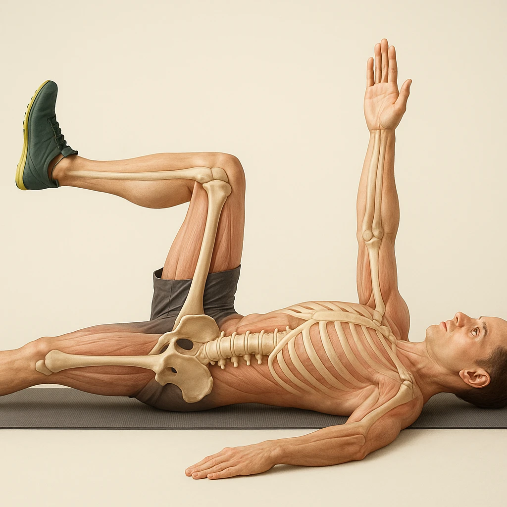 Anatomically hyperrealistic 4K depiction of a man in dead bug position, variant with one hand resting on the ground and the other raised, highlighting pelvis and spine bones, translucent muscles and skin, medical atmosphere. emoji
