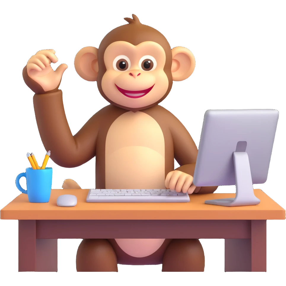 cheerful monkey sitting at a desk with a computer, smiling emoji