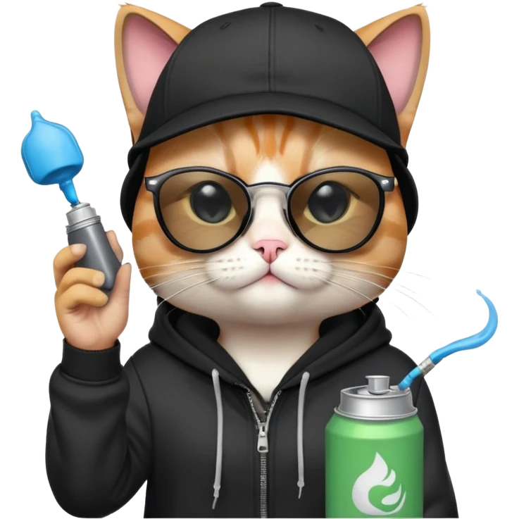 cat with one eye CLOSED in a CLEAR WINK, wearing black snapback cap and black hoodie, black sunglasses tilted low on nose, looking over the top of sunglasses at viewer with other eye open, holding spray paint can emoji