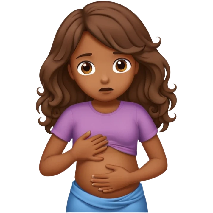 Girl with curled brown long length hair with belly ache emoji