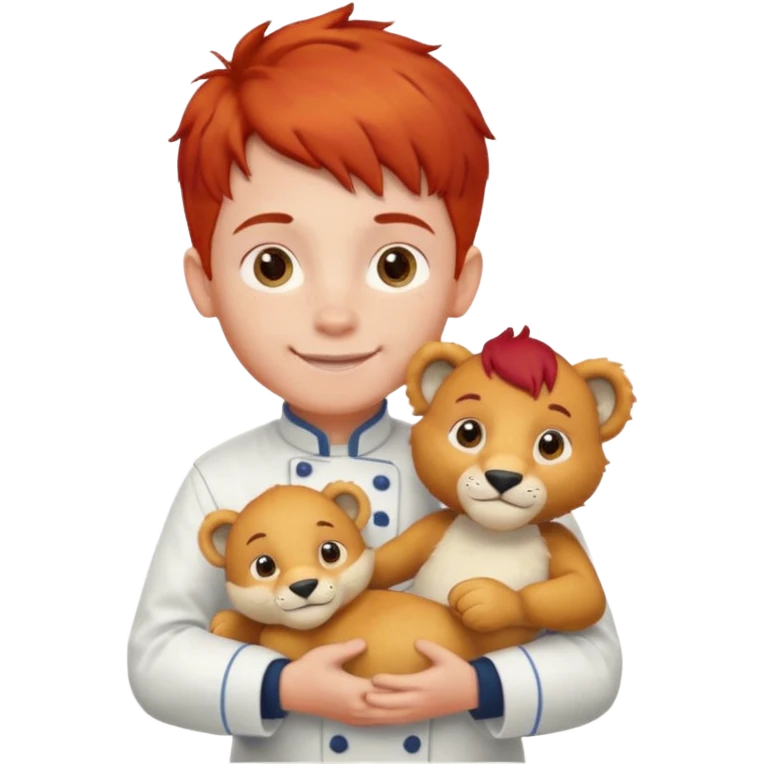 boy kid italian chef, red haired, uniform, holding plush polar lion emoji