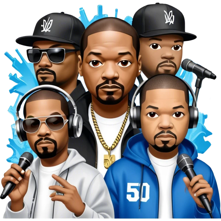 Icon for Rap Music: collage of rap legends—Snoop Dogg, Ice Cube, Dr. Dre, and 50 Cent. Iconic elements include microphones, headphones, and urban street elements like graffiti. Bold, energetic vibe with a hip-hop style. Transparent background. emoji