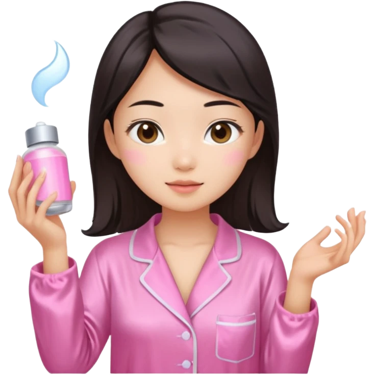 angelic asian girl doing skin care in pink pajamas emoji