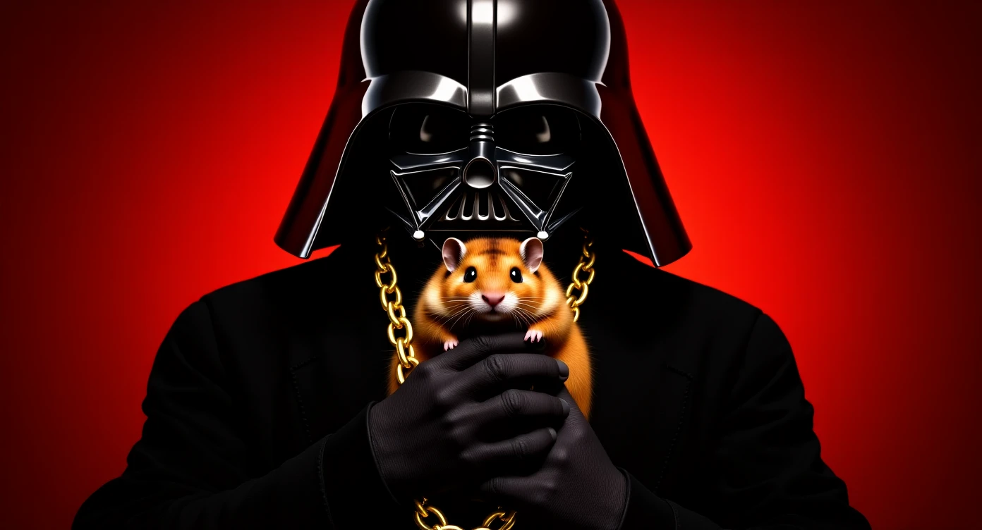 Extreme Closeup Photo of a darth vader holding big hamster with golden chain, low key light, red solid background with leading lines, back light, spot light emoji